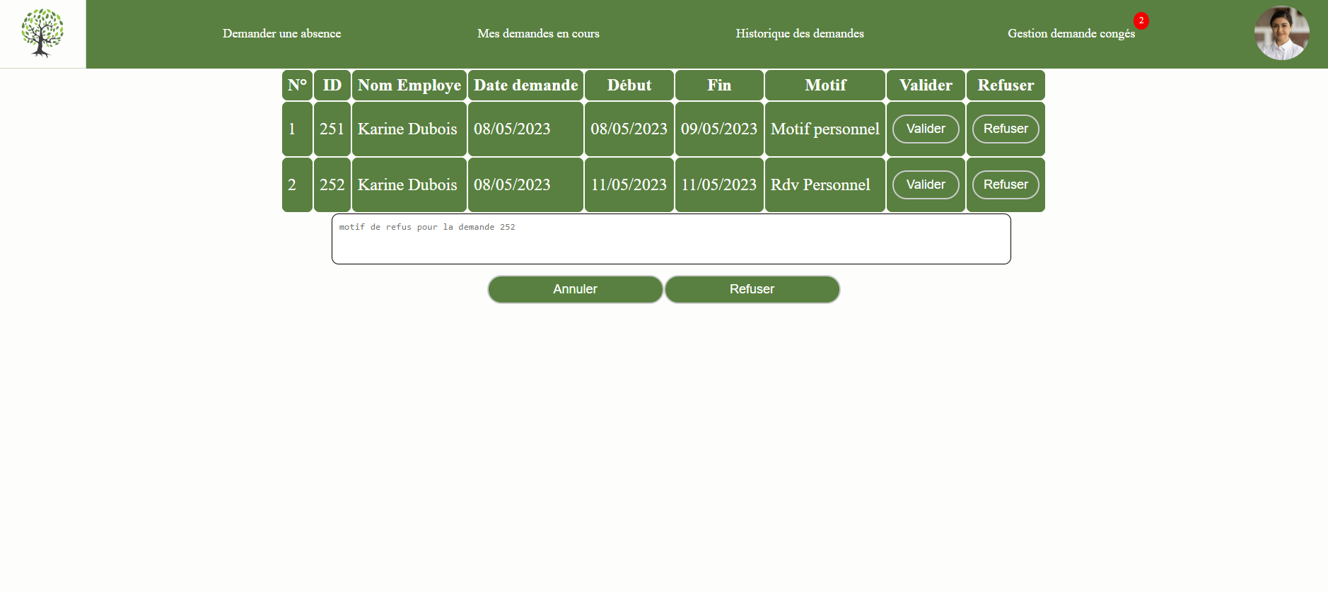 Capture d'ecran page de gestion des demandes